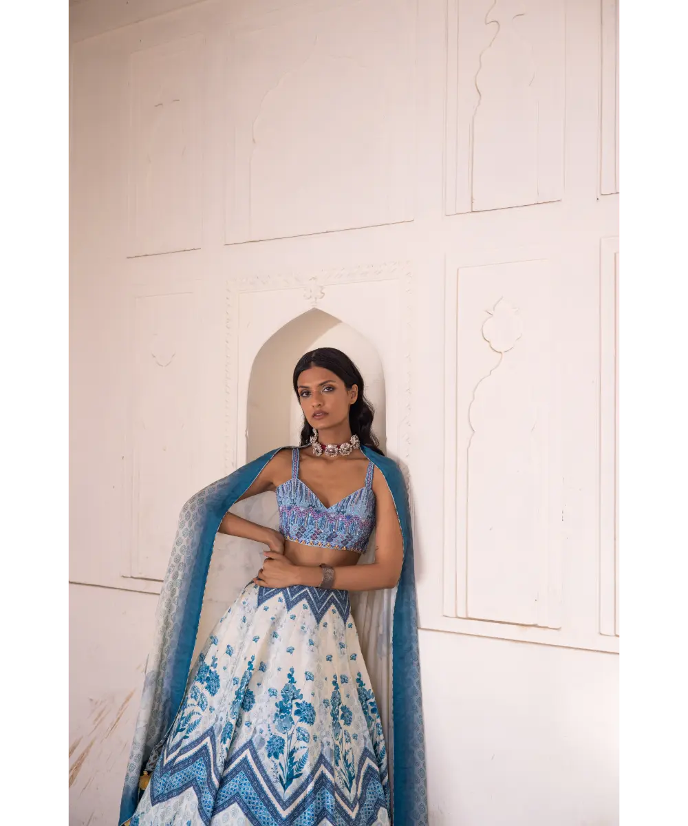 LABEL ANUSHREE- Off-White and Blue Skirt Set